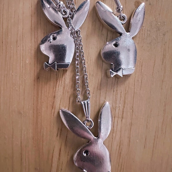 Playboy necklace and earring set  charm silver plated necklace chain. antiqued silver zinc alloy casting