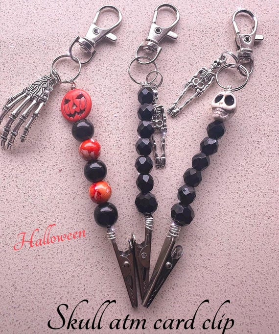 Spooky skull atm card clip keychain. bracelet helper, bracelet biddy alligator clip, long nail helper Halloween addition