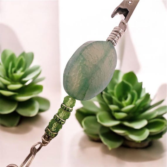 Atm card clip Genuine gemstone green  agate stone , long nail helper , Healing stone . bracelet buddy for gift