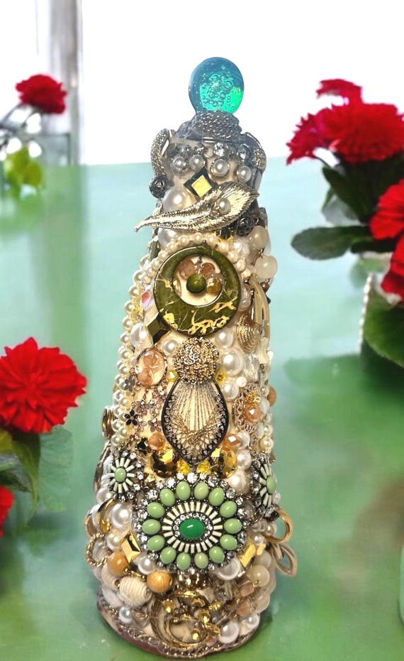 Vintage jewelry tree handmade 14 inch ,Fall decor ,gold and white ,wedding gift idea , birthday