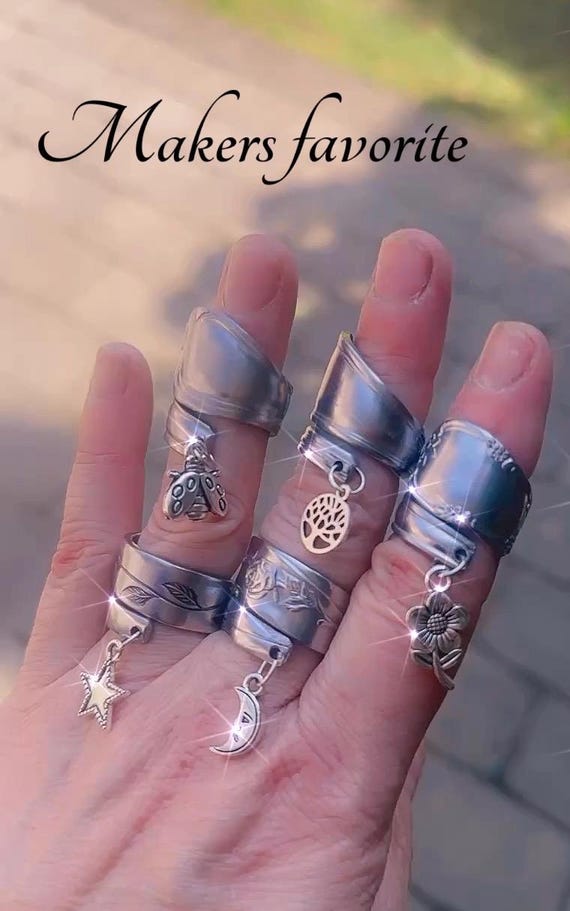 Mystery Stainless Steel Spoon Ring  Pick Your Size and Charm Surprise Ring with Star Heart, or Moon Dangle Adjustable Gift Jewelry