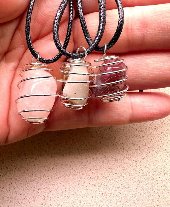 Cystal cage with gemstone small dainty cord necklace  Amathyst, Rose Quartz, moonstone , gift for her
