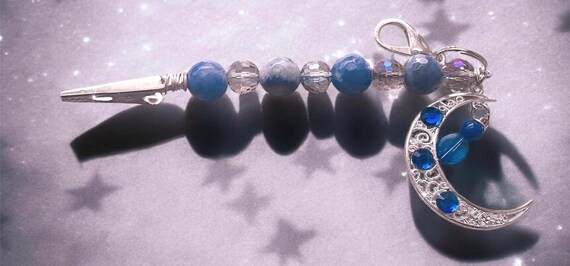 Celestial Blue Moon ATM Card Clip – Long Nail Helper, Beaded Card Grabber with Silver Crescent Charm, Sparkly Gift for Her