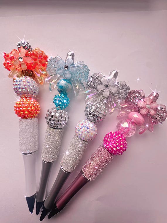 Glitter Bow Pen | Sparkly Beaded Pens for Gifts or Journals | Cute Rhinestone Gel Pen | Desk Bling | Colorful Office Accessory