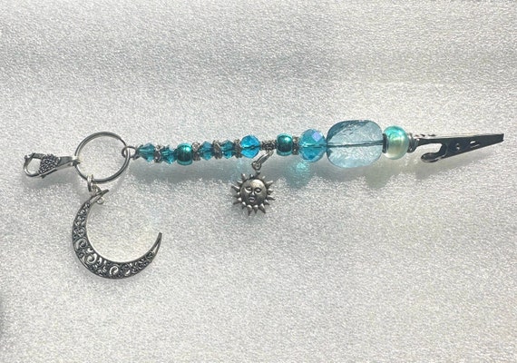 ATM Card Clip, Long Nail Card Clip, charmed Keychain, Card Grabber all in one, bracelet helper, Moon and star charm, Teal