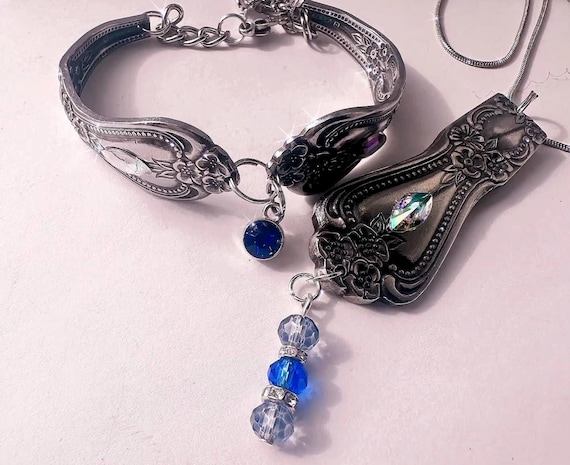 vintage spoon Jewlery set , bracelet and necklace pennant , handmade dark floral design, Blueberry rhinestoneListing