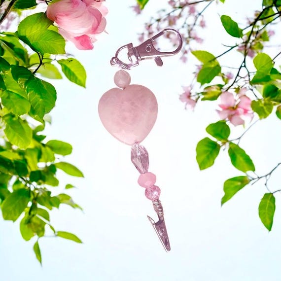 Rose Quartz Heart Beaded atm card clip / Long Nail Helper | Bracelet Buddy | ATM Card Grabber | Pink Crystal Keychain Clip
