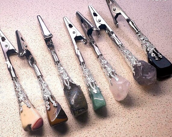 Genuine Reiki gemstone card clips, Amethyst atm card clips ,long nail helper, bracelet helper, multi use clip bracelet buddy,