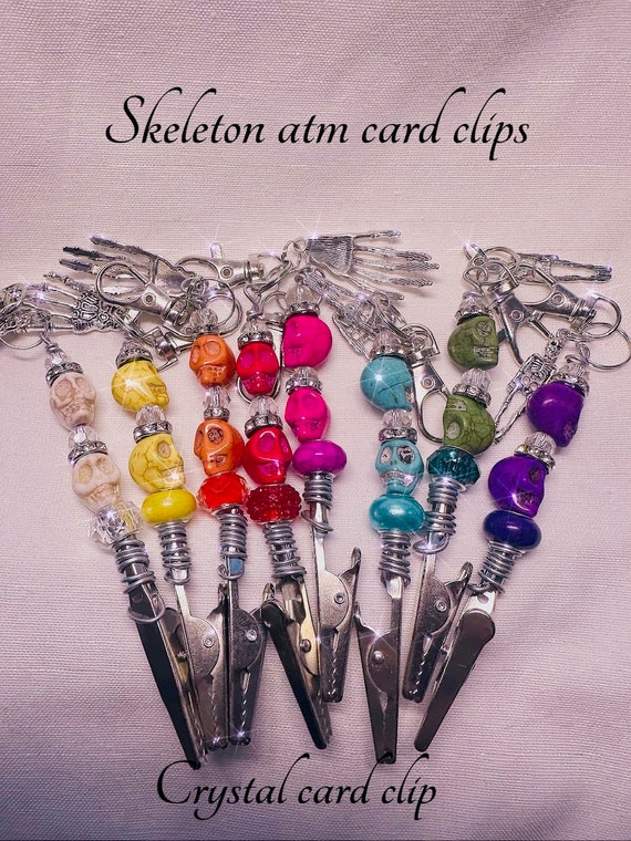 Atm card clip Skeleton atm card clips, crystal card clip , debit card helper, long nail helper, personalized charm choose hand or body