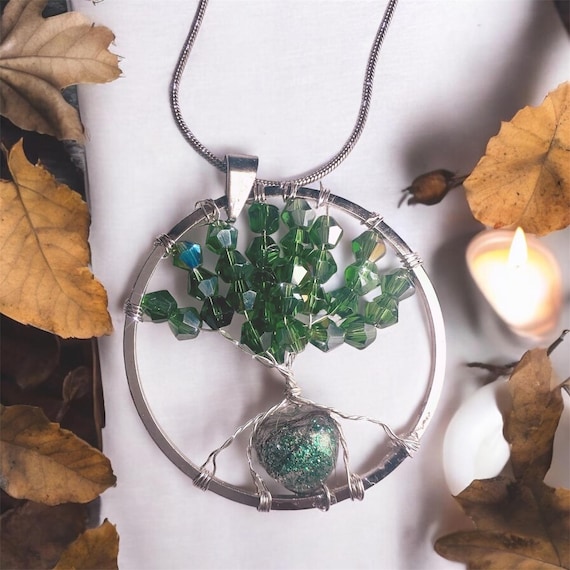 Memorial Tree of Life Pendant – Custom Hair/Ashes Keepsake Necklace (Other Colors Available)” Genuine Crystals .