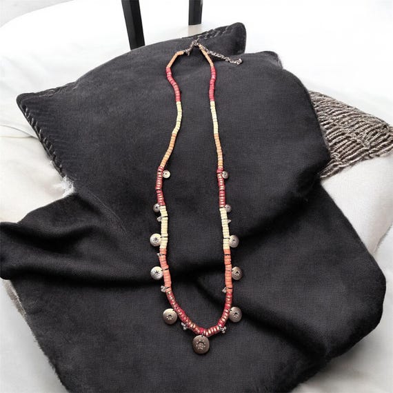 Vintage Chicos wood beaded statment Necklace Ombré with gold disk charms boho bold festival Jewlery Nature Jewlery southwestern style
