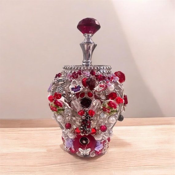 Ornate Embellished Crown Jar Decor – Vintage Jewelry & Pearl Accents – Mixed Media Statement Art for Home or Wedding Centerpiece