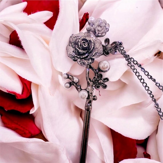 Gothic Rose ATM Card Clip | Long Nail Helper Stick with Pearl Accents | Dark Floral Debit Grabber | Romantic Goth Gift