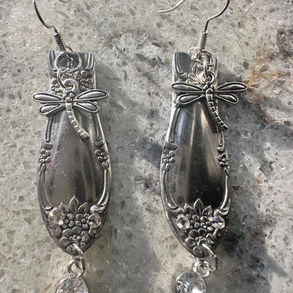 Handmade Vintage Spoon Handle Earrings | Dragonfly Charm with Crystal Drop | Repurposed Silverware Jewelry floral dragonfly ,Made by Rogers