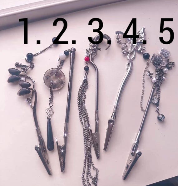 Gothic and  Glam ATM Card Grabbers – Long Nail Clip Tools with Chains, Charms & Black Accents, Choose Your Style