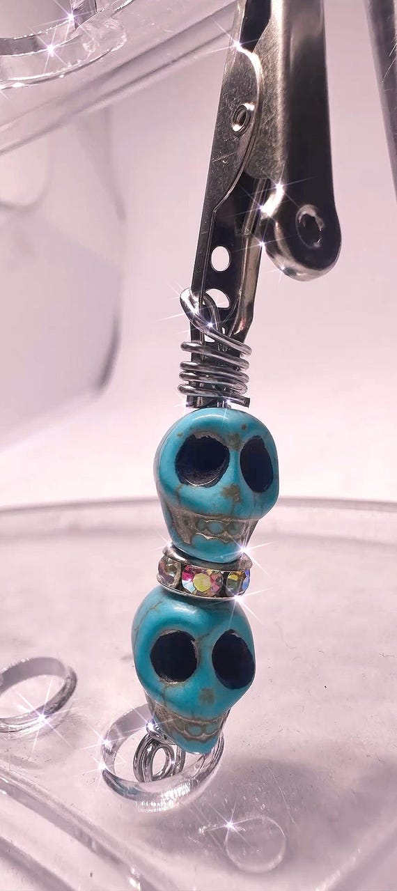 Skeleton ATM Card Clip – Wagnerite Beads & Spooky Style! Long Nail Saver, Card Grabber, and Bracelet Helper in Cool Light Blue