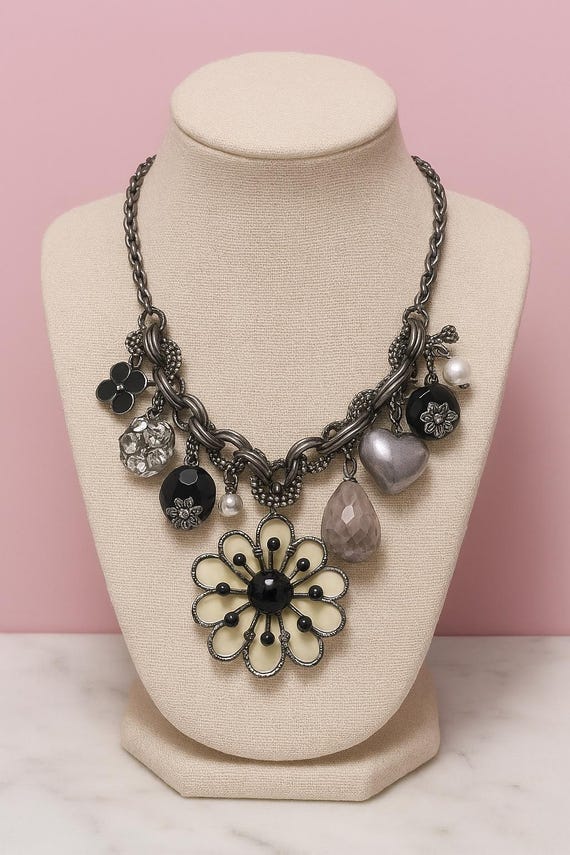 Chico’s Multi-Charm Statement Necklace | Black, White & Silver-Tone Beaded Bib with Flower Pendant