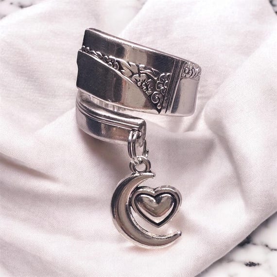 Crescent Heart Floral Spoon Ring – Handmade Vintage Silverware Jewelry – Adjustable Size – Celestial Charm Ring – Gift for Her