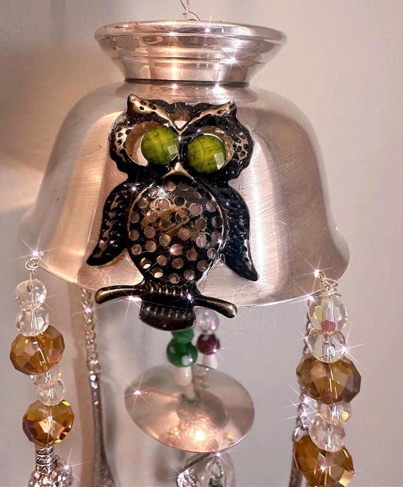 Whimsical Wind Chime: Rustic Vintage Silverware with Mushroom and Owl Charms - Spoons Chiming Melodies for Your Outdoor Oasis and patio.