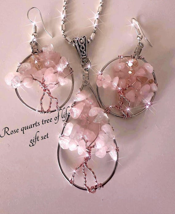 Rose Quarts, Rose gold, tree of life,genuine healing crystal necklace and earring gift set .