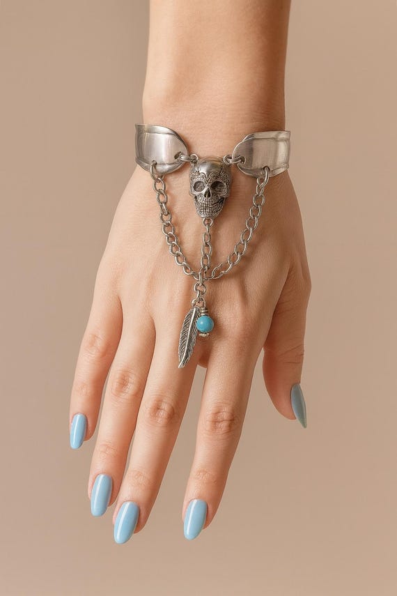 Handmade Spoon Bracelet with Skull, Feather & Turquoise Charm – Upcycled Silverware Jewelry, Adjustable Chain Bracelet, Unique Gift for Her