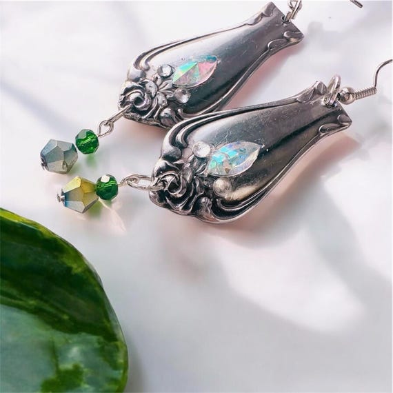 Spoon Handle Earrings handmade vintage | emerald May Birthstone, green  Crystal Drop | Repurposed Silverware Jewelry  ,Made by Rogers