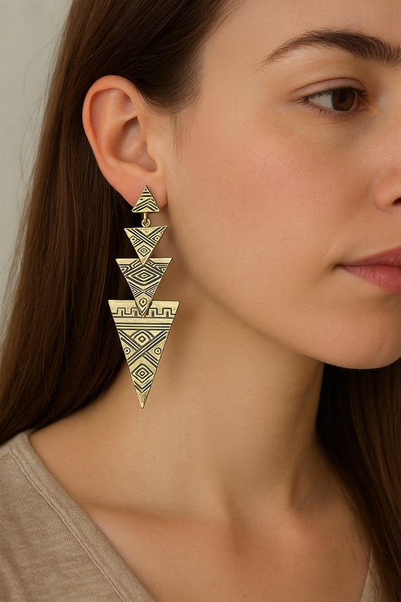 Boho Tribal Statement Earrings – Long Gold Triangle Dangle Earrings, Geometric Festival Jewelry, Vintage 80s Style Drop Earrings
