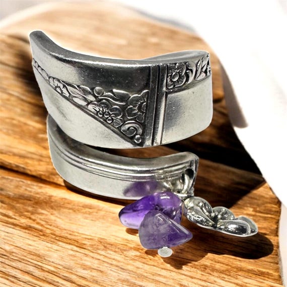 Morning Star Spoon Ring with Amethyst & Forget-Me-Not Charm | Adjustable Vintage Silverware Ring | Crystal Flower Jewelry Gift