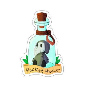May include: A sticker of a cartoon plague doctor in a glass bottle with a cork stopper. The bottle is labeled "Pocket Healer".