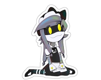 May include: A cartoon illustration of a robot girl wearing a maid outfit with a black and white dress, a white apron, and a black bow. She has gray hair, yellow eyes, and a white face. She is sitting with her legs crossed and her hands on her lap.
