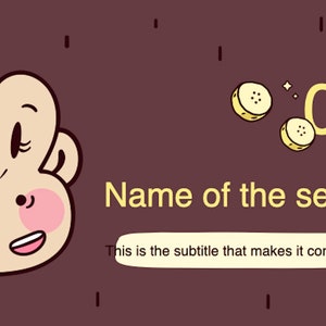 Puede incluir: Un fondo marrón con una cara de mono de dibujos animados, un plátano amarillo y el texto "01. Nombre de la sección" en amarillo. El subtítulo es "Este es el subtítulo que lo hace comprensible" en un cuadro blanco.