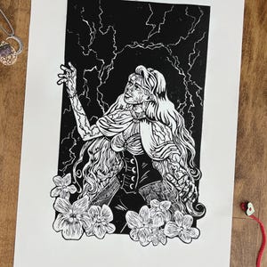 Póster de Bells Hells de Imogen Critical Role, grabado en linóleo