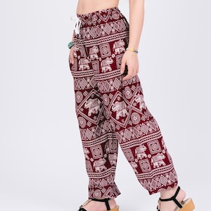 Red Elephant Harem Pants - Bohemian Yoga Pants, Drawstring Waist, Lightweight Rayon, Loose Fit Hippie Trousers, Festival & Lounge Wear