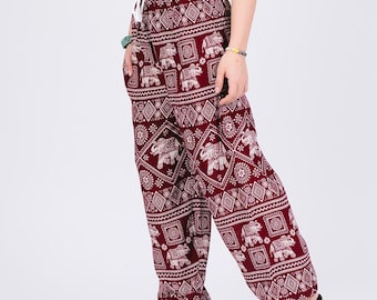 Red Elephant Print Harem Pants: Bohemian Rayon Yoga Trousers