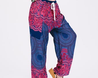 Bohemian Harem Pants: Blue Pattern Flowy Hippie Trousers