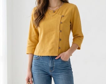 Mustard Yellow Ethnic Cotton Shirt | Asymmetrical Button Top for Women