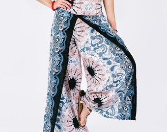 Boho Elephant Palazzo Pants: Smocked Waist Wide Leg Trousers