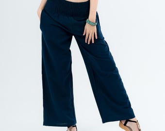 Gesmokte Taillenhose aus Baumwolle mit weitem Bein: Boho Beachwear