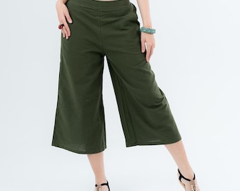 Katoenen culotte met wijde pijpen: bohobroek met hoge taille en zakken