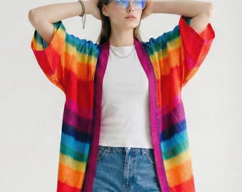 Vibrant Rainbow Boho Kimono Robe Festival Beach Coverup