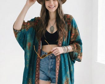 Sea Green Peacock Boho Kimono Robe Beach Cover Up Festiva