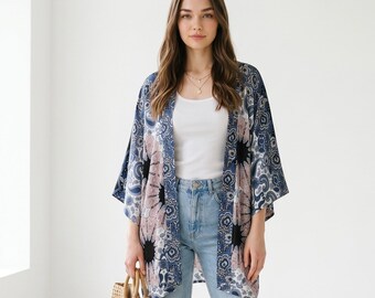 Blue Paisley Boho Kimono for Women, Beach & Festival Cover Up