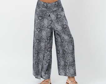 Pantalones Harem con Estampado de Pavo Real: Pantalones Boho de Pierna Ancha con Cintura Fruncida