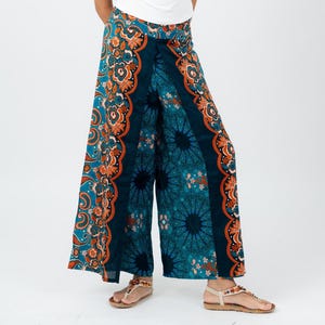 Boho Wide-Leg Palazzo Pants for Women – Elephant Print Cotton Summer Trousers with Smocked Waist – Beach and Festival Ready
