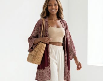 Burgundy Mandala Kimono for Women | Boho Beach Cover Up & Festival