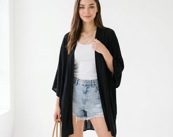 Classic Black Boho Kimono for Women Everyday Summer Cover Up
