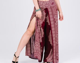Bohemian Elephant Print Palazzo Pants: Smocked Waist Cotton Trousers