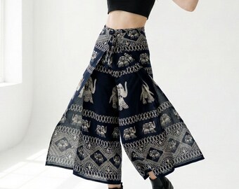 Navy Elephant Palazzo Pants Adjustable Waist Boho Gift For Her