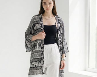 Black and White Elephant Kimono - Boho Festival Cover Up