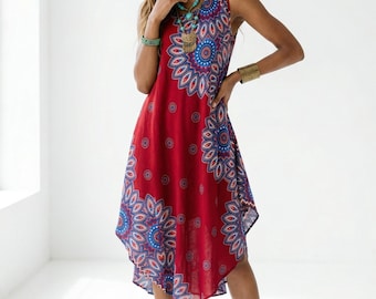 Red Rayon Sleeveless Dress for Women Summer Beach Vacation